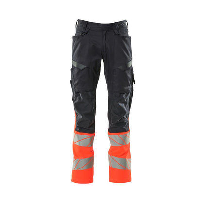 Dark Navy-Hi Vis Red - Front - Mascot Mens Accelerate Safe Hi-Vis Knee Pad Pockets Work Trousers