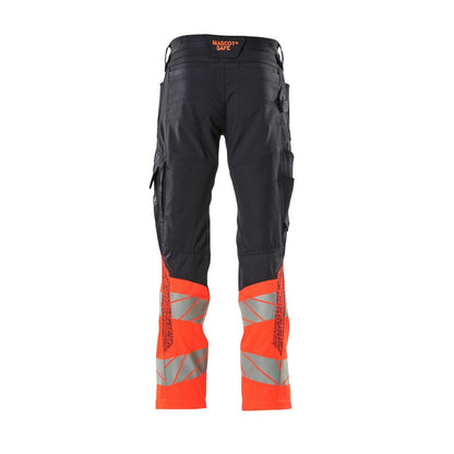 Dark Navy-Hi Vis Red - Back - Mascot Mens Accelerate Safe Hi-Vis Knee Pad Pockets Work Trousers