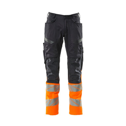 Dark Navy-Hi Vis Orange - Front - Mascot Mens Accelerate Safe Hi-Vis Knee Pad Pockets Work Trousers