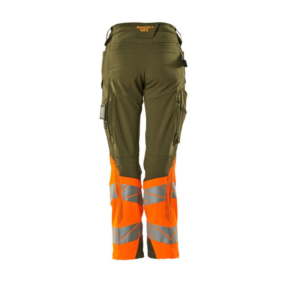 Moss Green-Orange - Back - Mascot Womens-Ladies Accelerate Safe Hi-Vis Work Trousers