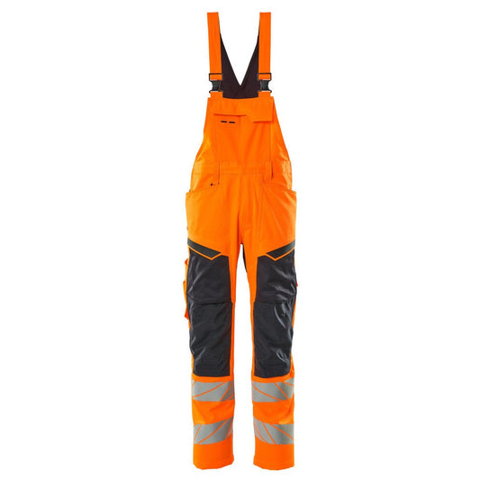 Hi Vis Orange-Dark Navy - Front - Mascot Mens Hi-Vis Knee Pad Pockets Bib And Brace Overall