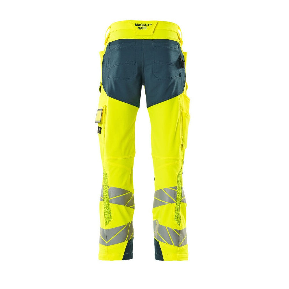 Yellow-Dark Petroleum - Back - Mascot Mens Accelerate Safe Hi-Vis Knee Pad Pockets Work Trousers
