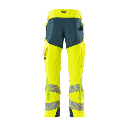 Yellow-Dark Petroleum - Back - Mascot Mens Accelerate Safe Hi-Vis Knee Pad Pockets Work Trousers