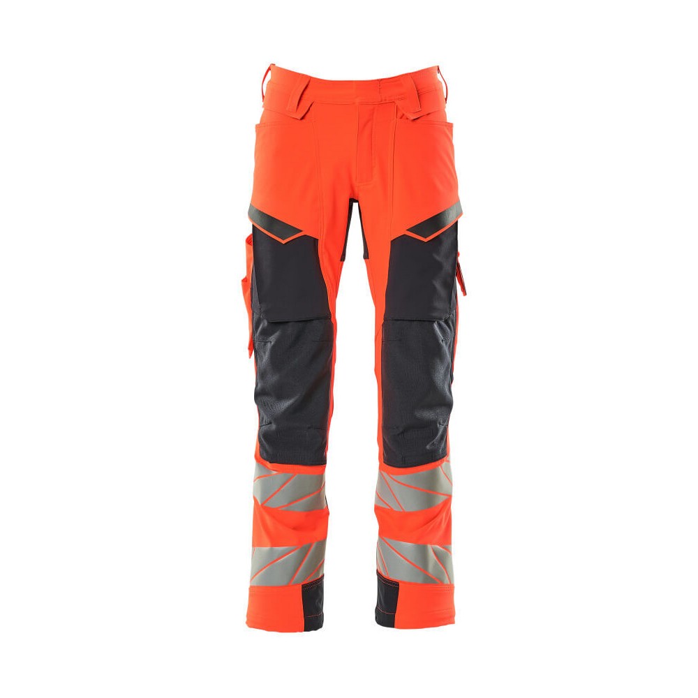 Red-Dark Navy - Front - Mascot Mens Accelerate Safe Hi-Vis Knee Pad Pockets Work Trousers