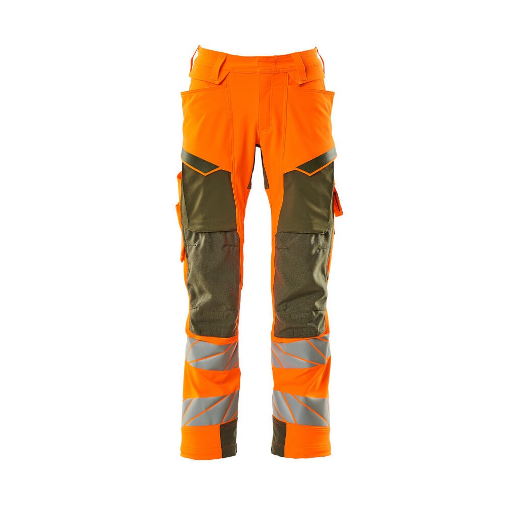 Orange-Moss Green - Front - Mascot Mens Accelerate Safe Hi-Vis Knee Pad Pockets Work Trousers