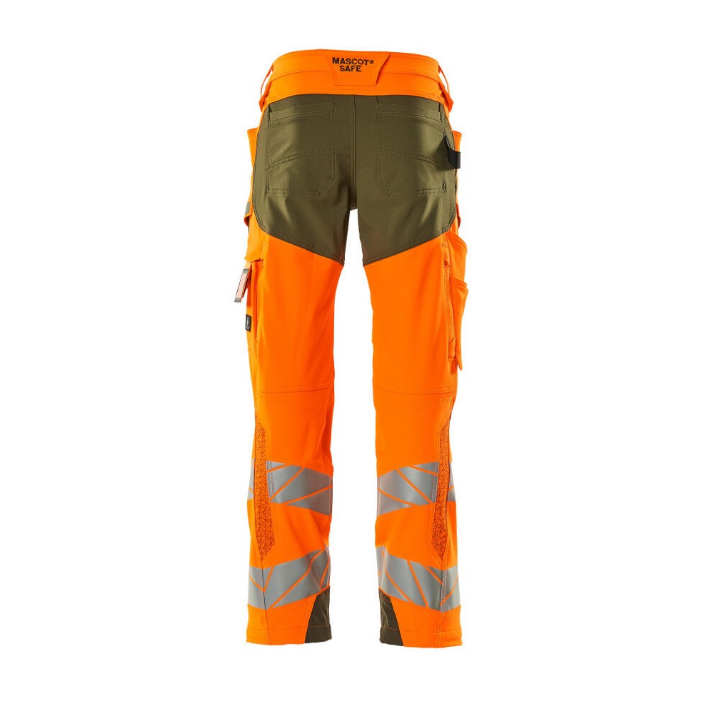 Orange-Moss Green - Back - Mascot Mens Accelerate Safe Hi-Vis Knee Pad Pockets Work Trousers