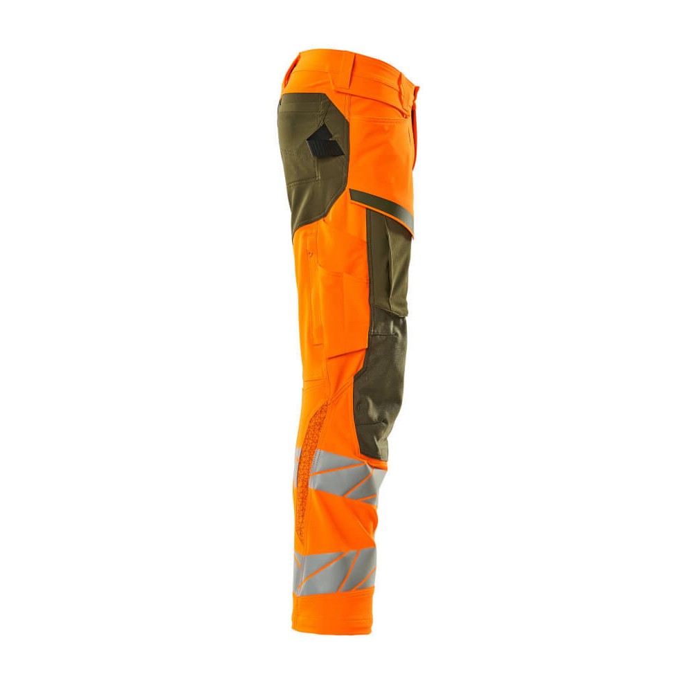 Orange-Moss Green - Side - Mascot Mens Accelerate Safe Hi-Vis Knee Pad Pockets Work Trousers