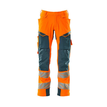 Orange-Dark Petroleum - Front - Mascot Mens Accelerate Safe Hi-Vis Knee Pad Pockets Work Trousers
