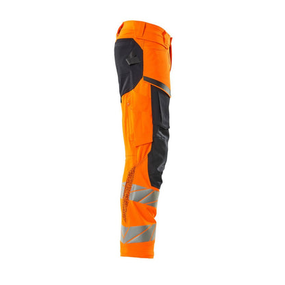 Orange-Dark Navy - Side - Mascot Mens Accelerate Safe Hi-Vis Knee Pad Pockets Work Trousers