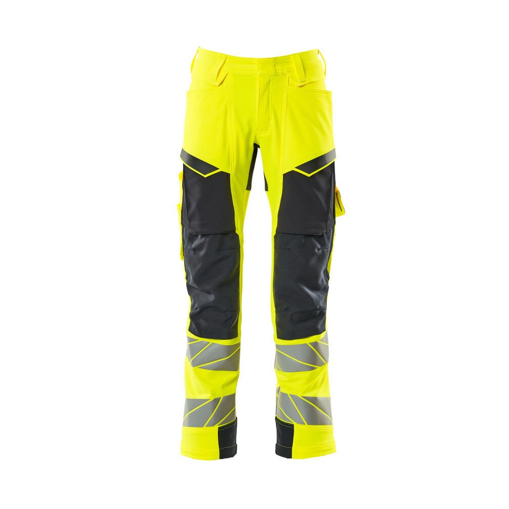 Yellow-Dark Navy - Front - Mascot Mens Accelerate Safe Hi-Vis Knee Pad Pockets Work Trousers