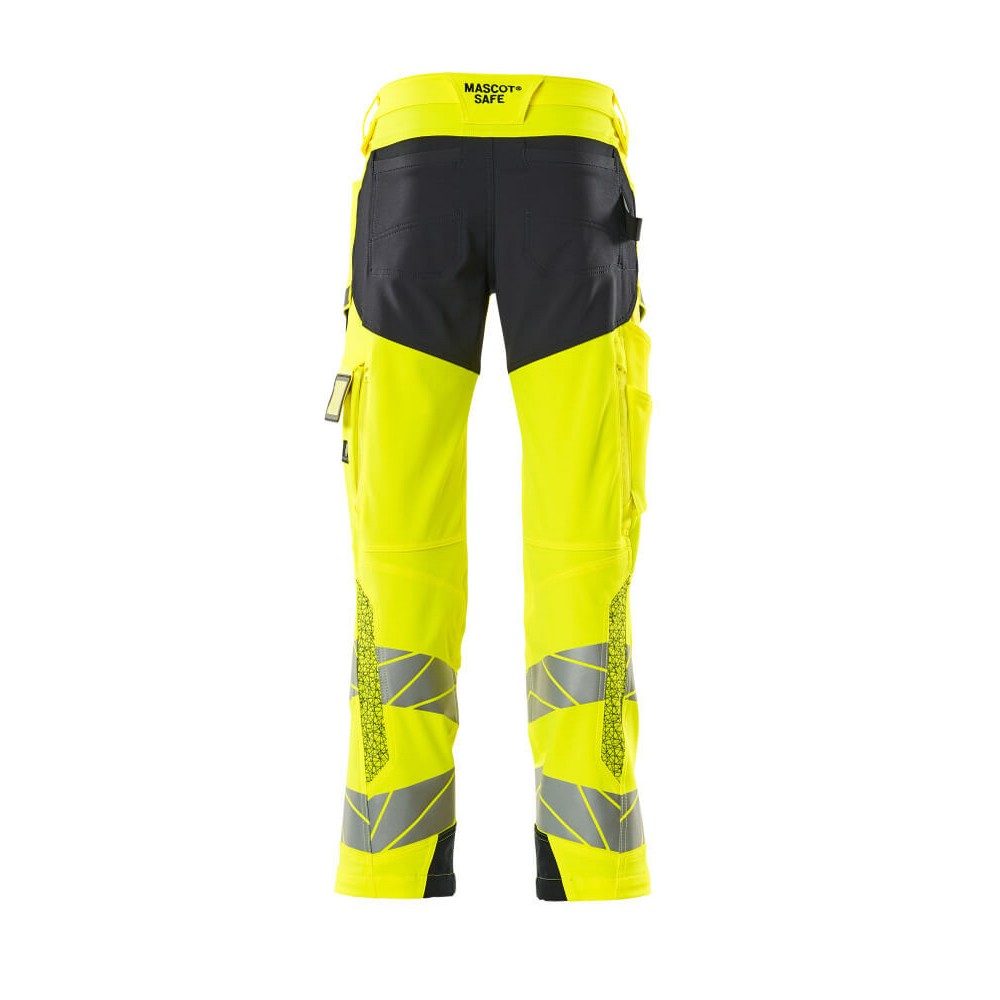 Yellow-Dark Navy - Back - Mascot Mens Accelerate Safe Hi-Vis Knee Pad Pockets Work Trousers