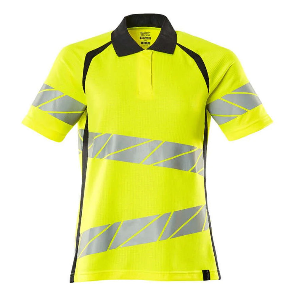 Yellow-Dark Navy - Front - Mascot Womens-Ladies Accelerate Safe Hi-Vis Polo Shirt