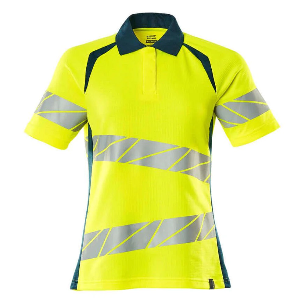 Yellow-Dark Petroleum - Front - Mascot Womens-Ladies Accelerate Safe Hi-Vis Polo Shirt