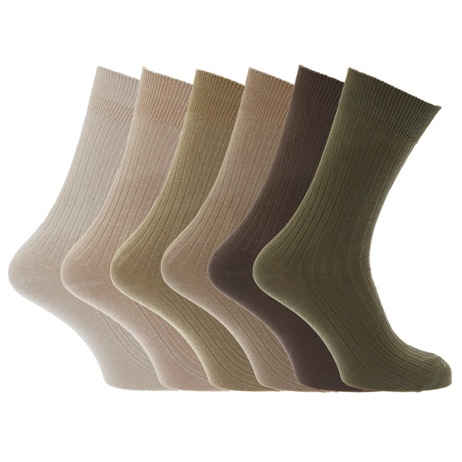 Brown-Beige-Olive - Front - Mens 100% Cotton Ribbed Classic Socks (Pack Of 6)