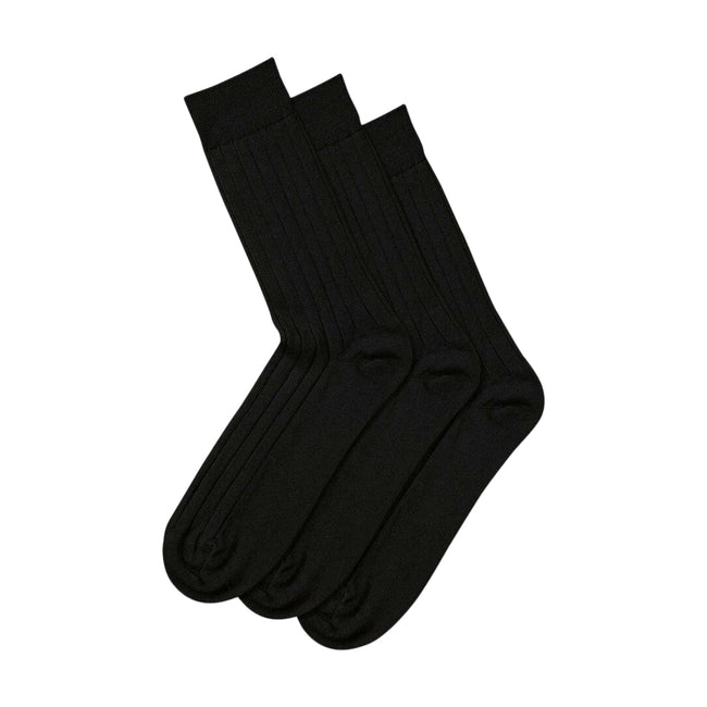 Black - Back - Mens Long Length Ribbed Lambswool Blend Socks (Pack Of 3)