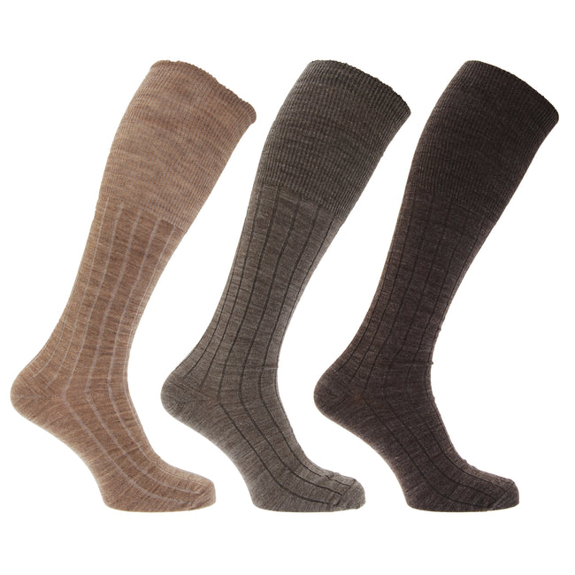 Brown Assorted - Front - Mens Long Length Ribbed Lambswool Blend Socks (Pack Of 3)