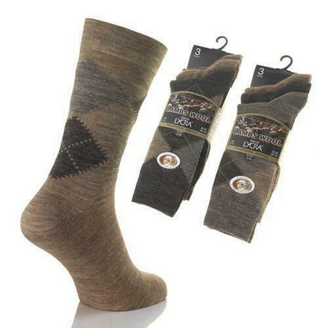 Brown Assorted - Back - Mens Long Length Ribbed Lambswool Blend Socks (Pack Of 3)