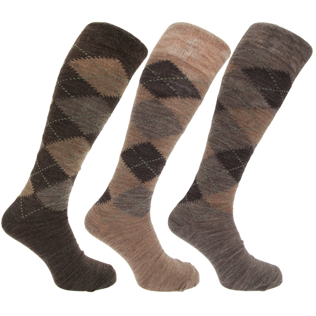 Shades of Brown - Front - Mens Traditional Argyle Pattern Long Length Lambs Wool Blend Socks (Pack Of 3)