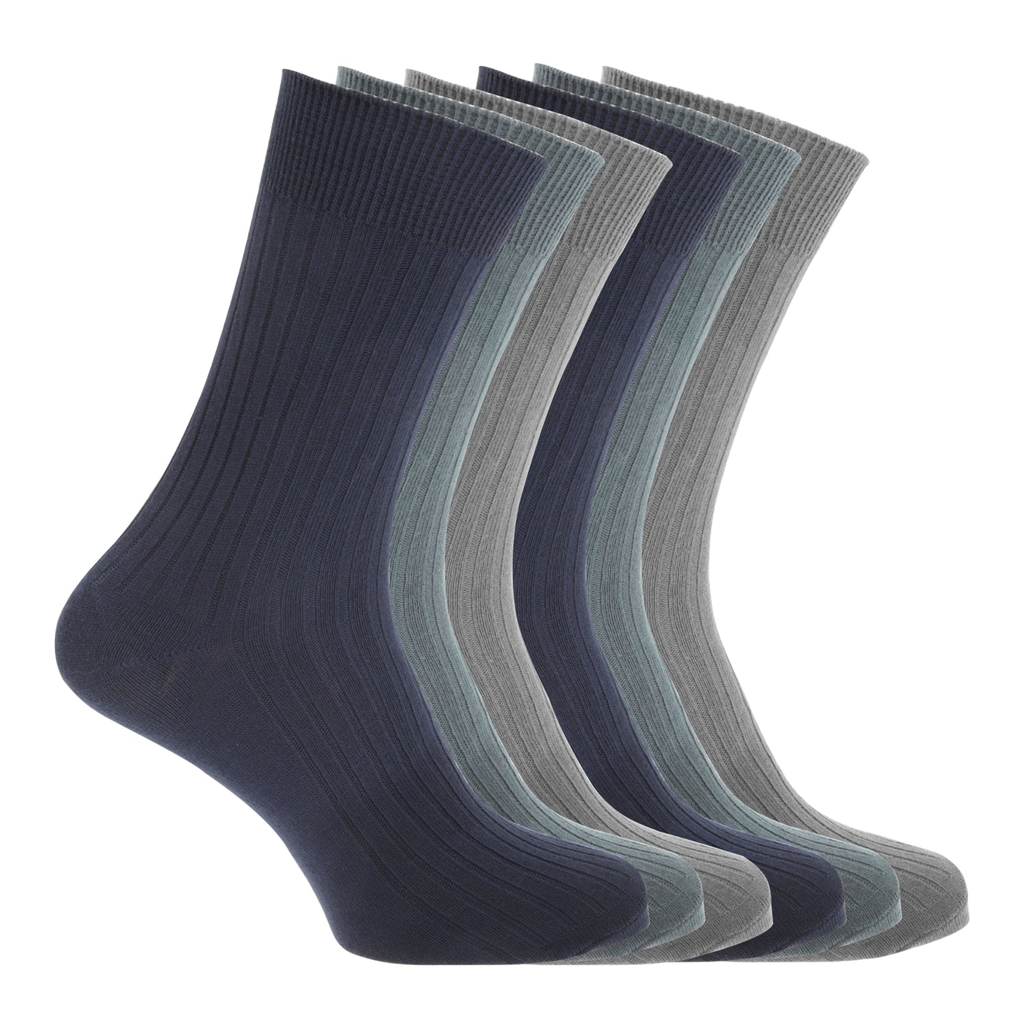 Navy-Blue-Grey - Front - FLOSO Mens Ribbed 100% Cotton Socks (6 Pairs)