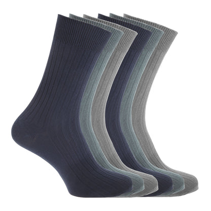 Navy-Blue-Grey - Front - FLOSO Mens Ribbed 100% Cotton Socks (6 Pairs)