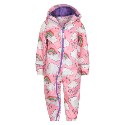 Pink-Purple - Pack Shot - Mountain Warehouse Childrens-Kids Puddle Rainbow Waterproof Rain Suit