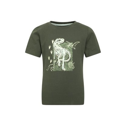 Dark Khaki - Front - Mountain Warehouse Childrens-Kids Dinosaur Organic Glow In The Dark T-Shirt