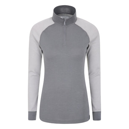 Grey - Front - Mountain Warehouse Womens-Ladies Merino Wool Zip Neck Thermal Top
