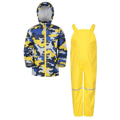 Pale Yellow - Front - Mountain Warehouse Childrens-Kids Raindrop Camo Waterproof Jacket And Trousers Set