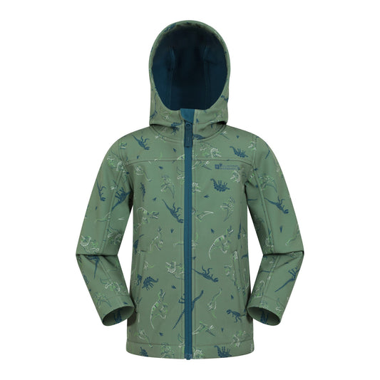Green - Front - Mountain Warehouse Childrens-Kids Exodus II Dinosaurs Water Resistant Soft Shell Jacket