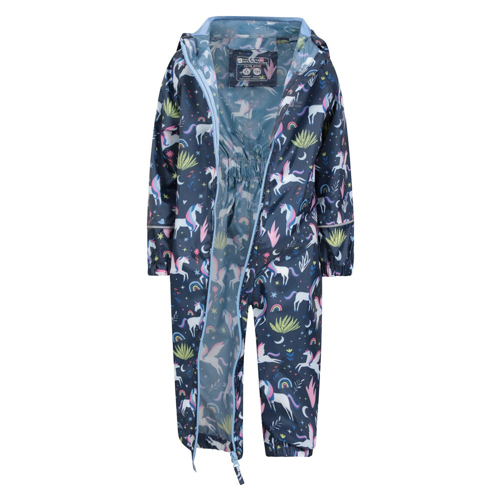 Blue-Pink-Green - Pack Shot - Mountain Warehouse Baby Unicorn Rain Suit