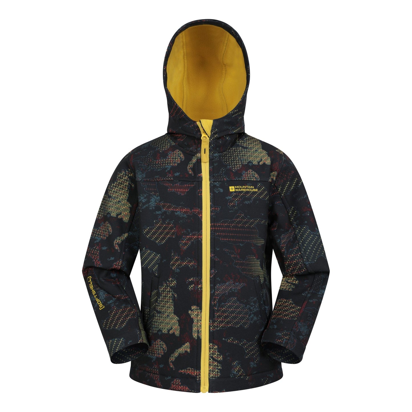Black - Front - Mountain Warehouse Childrens-Kids Exodus II Printed Water Resistant Soft Shell Jacket