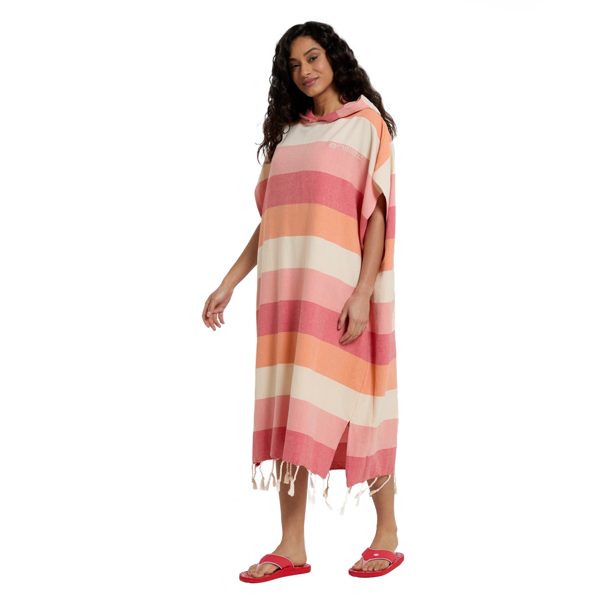 Pink - Side - Animal Womens-Ladies Talia Contrast Striped Recycled Tassel Poncho