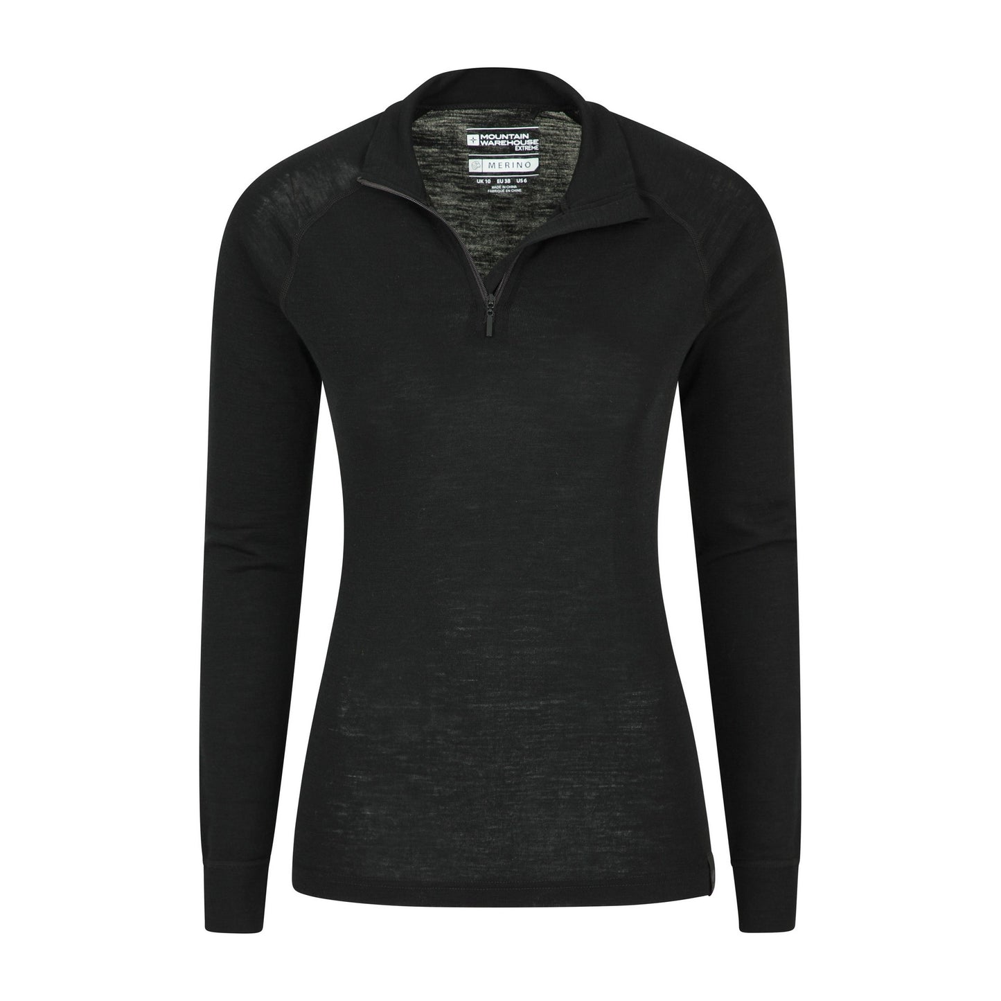 Black - Pack Shot - Mountain Warehouse Womens-Ladies Merino Wool Zip Neck Long-Sleeved Thermal Top