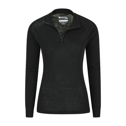 Black - Pack Shot - Mountain Warehouse Womens-Ladies Merino Wool Zip Neck Long-Sleeved Thermal Top