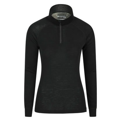 Black - Front - Mountain Warehouse Womens-Ladies Merino Wool Zip Neck Long-Sleeved Thermal Top