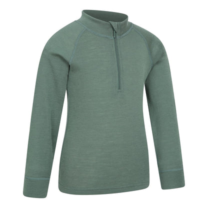 Khaki Green - Side - Mountain Warehouse Childrens-Kids Merino Blend Half Zip Base Layer Top