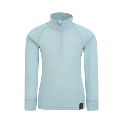 Pale Blue - Front - Mountain Warehouse Childrens-Kids Merino Blend Half Zip Base Layer Top