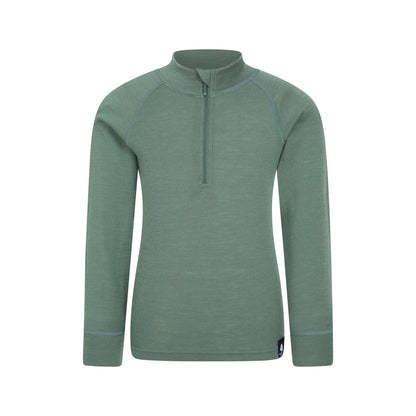 Khaki Green - Front - Mountain Warehouse Childrens-Kids Merino Blend Half Zip Base Layer Top
