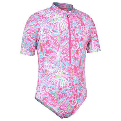 Bright Pink - Side - Mountain Warehouse Childrens-Kids Mira Printed Rash Guard Swimsuit