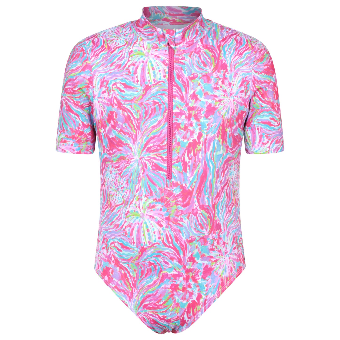Bright Pink - Front - Mountain Warehouse Childrens-Kids Mira Printed Rash Guard Swimsuit