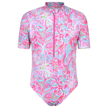 Bright Pink - Front - Mountain Warehouse Childrens-Kids Mira Printed Rash Guard Swimsuit
