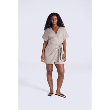 Taupe - Front - Animal Womens-Ladies Linen Wrap Playsuit