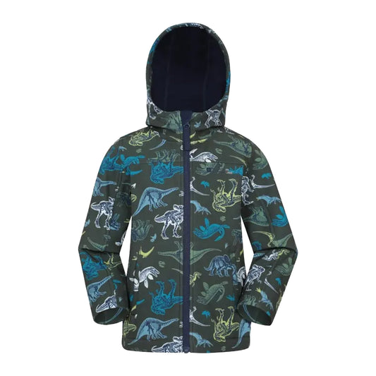 Dark Green - Front - Mountain Warehouse Childrens-Kids Exodus Dinosaurs Water Resistant Soft Shell Jacket