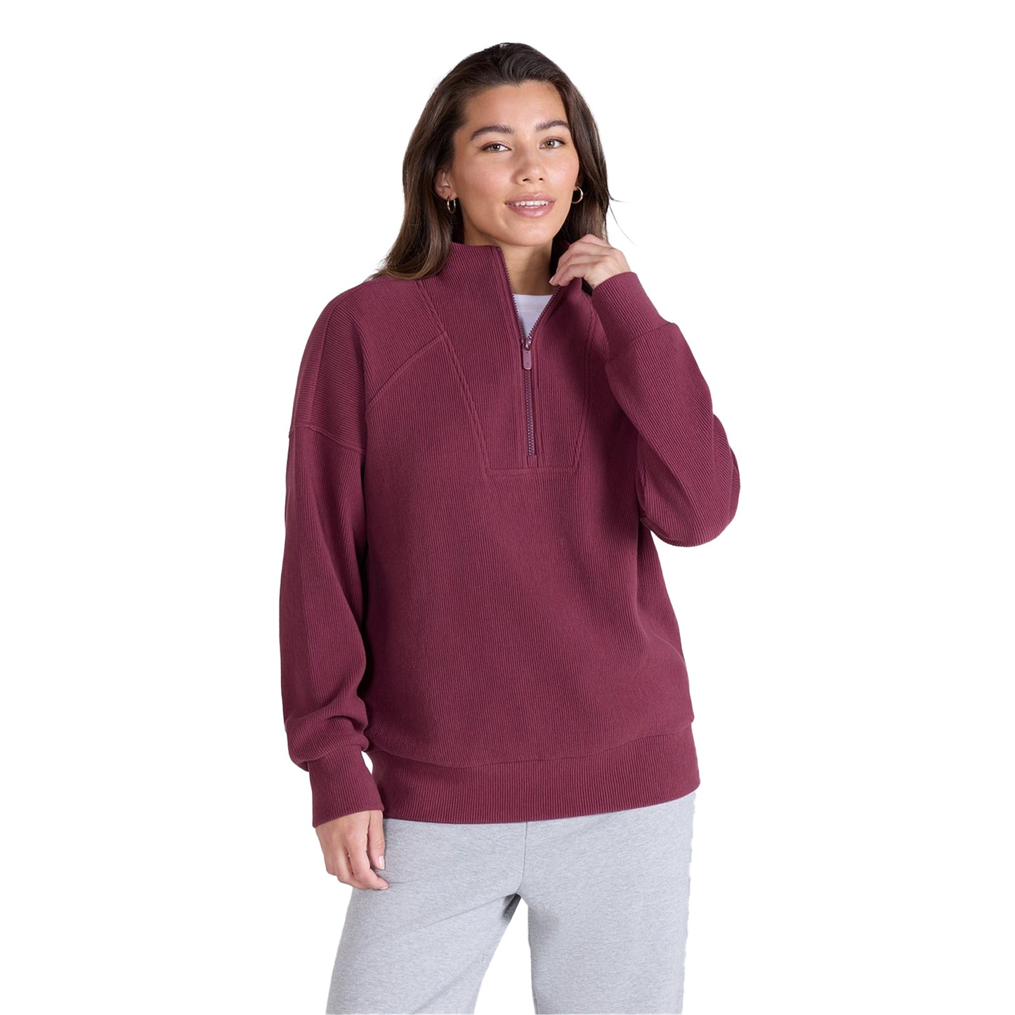 Burgundy - Side - Animal Womens-Ladies Ottoman Half Zip Jumper