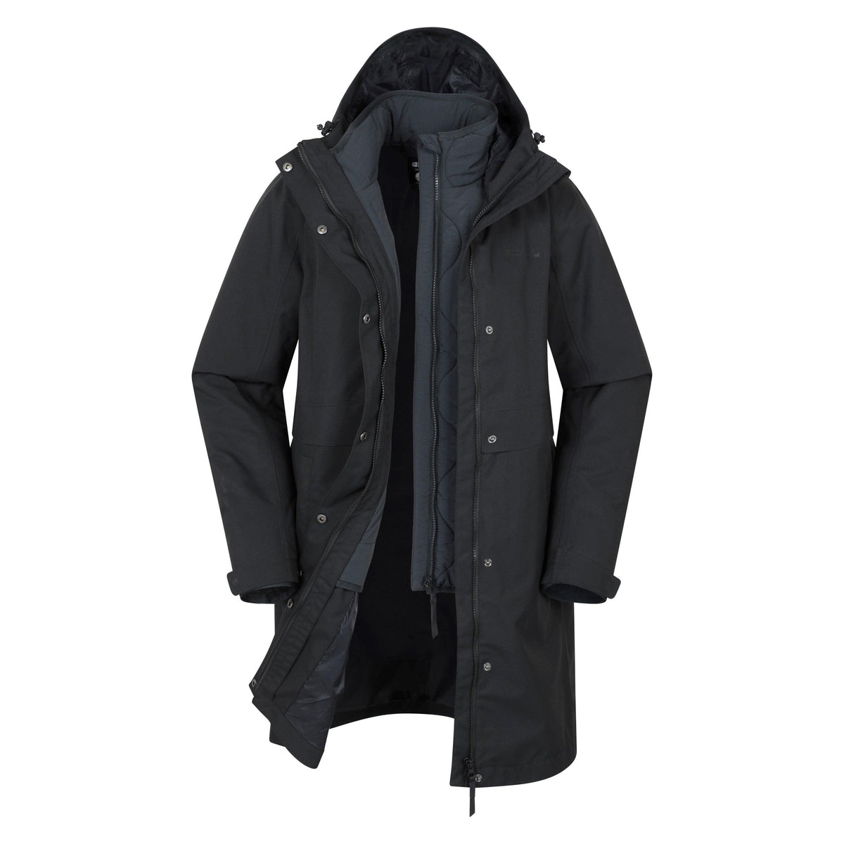 Black - Front - Mountain Warehouse Womens-Ladies Luna 3 in 1 Long Waterproof Jacket