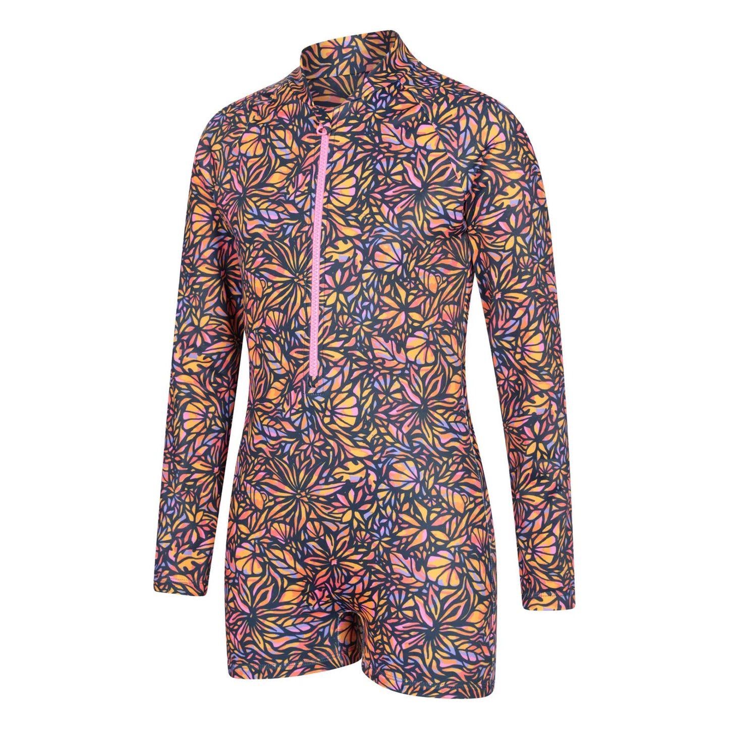 Neon Orange - Side - Mountain Warehouse Childrens-Kids Mira Flowers Long-Sleeved Rash Guard