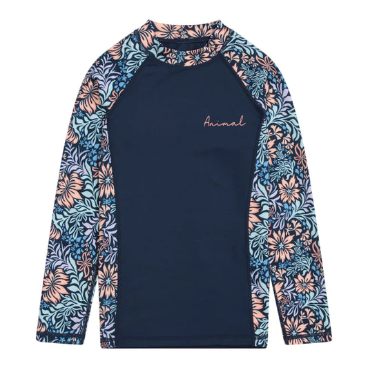 Navy - Front - Animal Girls Lillie Floral Rash Guard