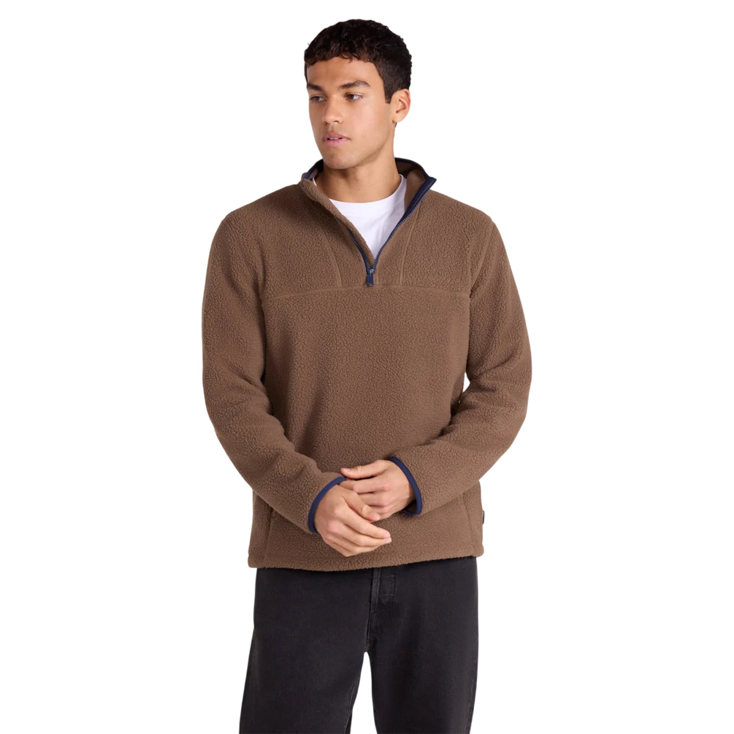 Brown - Side - Animal Mens Alfie Contrast Detail Borg Half Zip Fleece Top