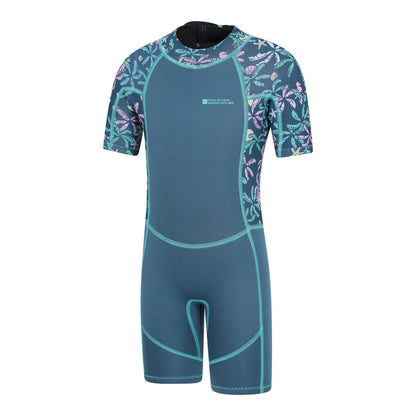 Dark Teal - Side - Mountain Warehouse Childrens-Kids Shorty Printed Wetsuit