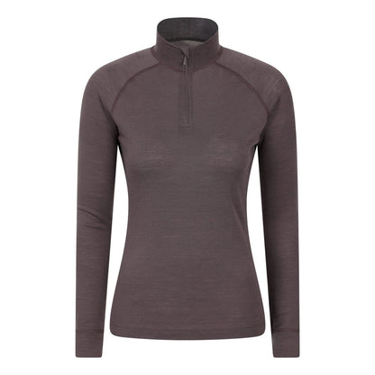 Brown - Front - Mountain Warehouse Womens-Ladies Merino Wool Zip Neck Thermal Top
